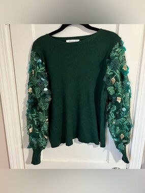 Sioni Dark Green Sweater with Embellished Leaf Sequin Sleeves
